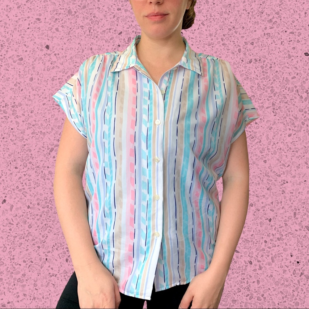 Vintage Cricket Lane Striped White Blue Pink Button Up Blouse